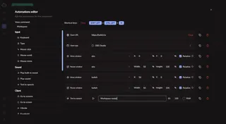 ottomate command editor showing a multi-step macro: triggering OBS Studio, positioning windows, and resizing apps via a single voice command.